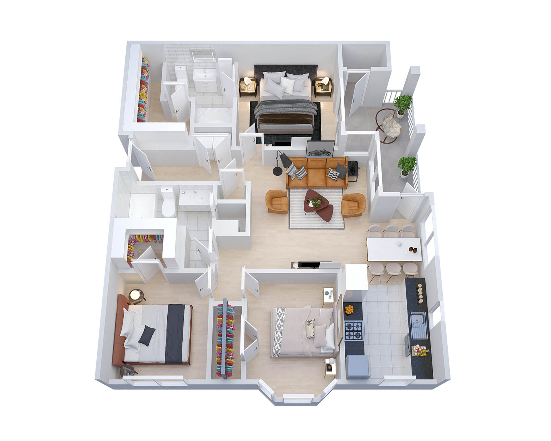 Floor plan for 3 beds, 2 baths, 1342 sqft
